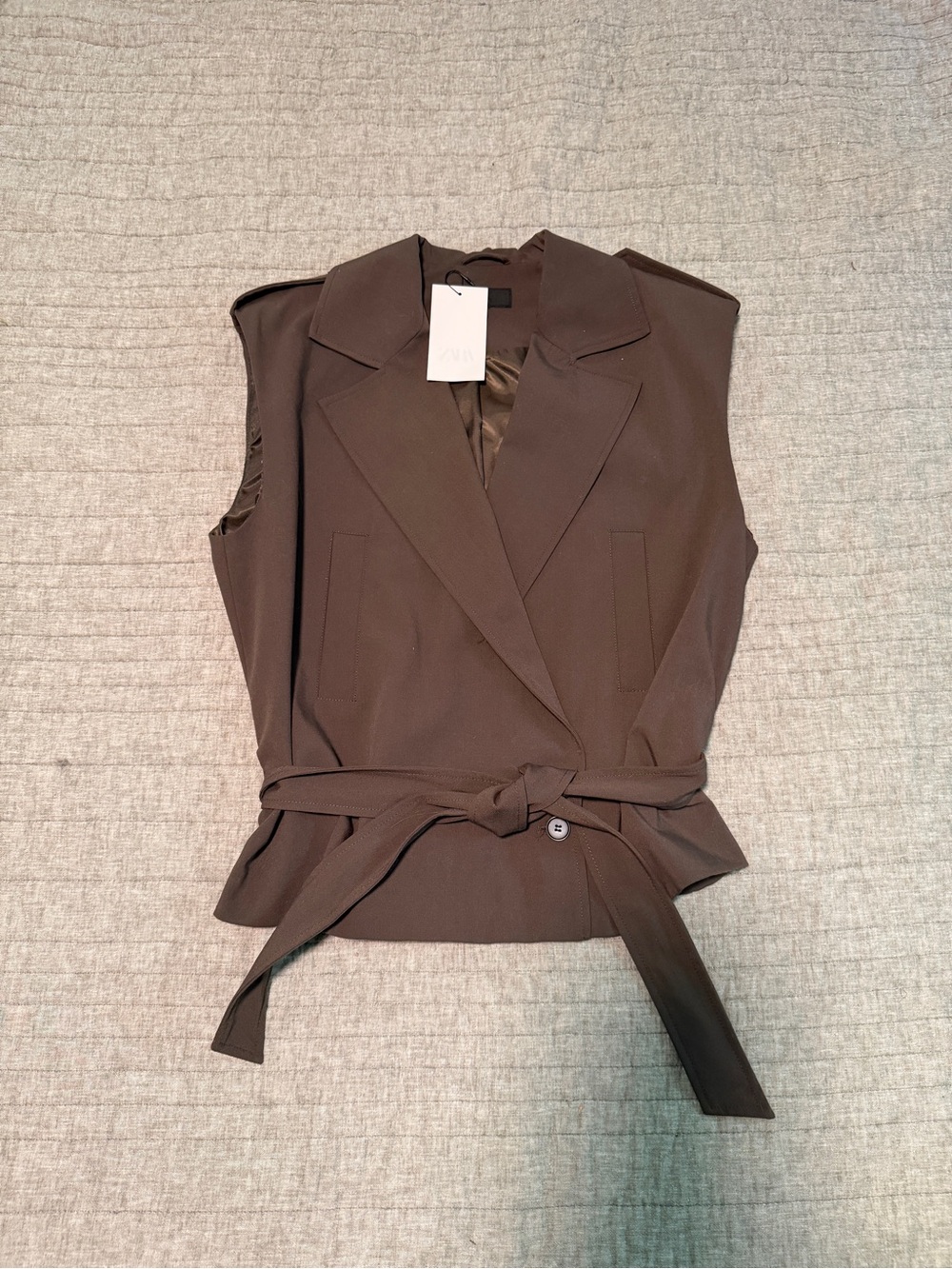Zara Brown Sleeveless Belted Blazer Vest
